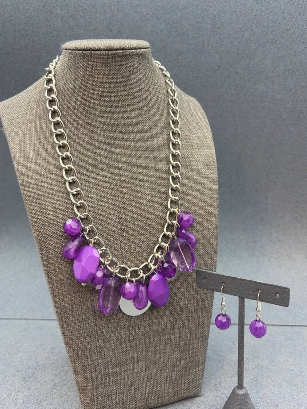 Purple Beaded Necklace Earrings Set 18 In Silver Chain Disc Faceted Statement